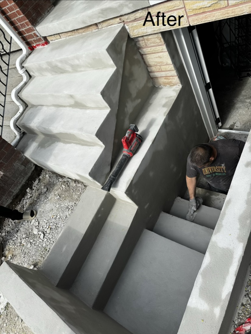 Basement stairwell after a parging repair on a Toronto home, freshly finished steps and walls