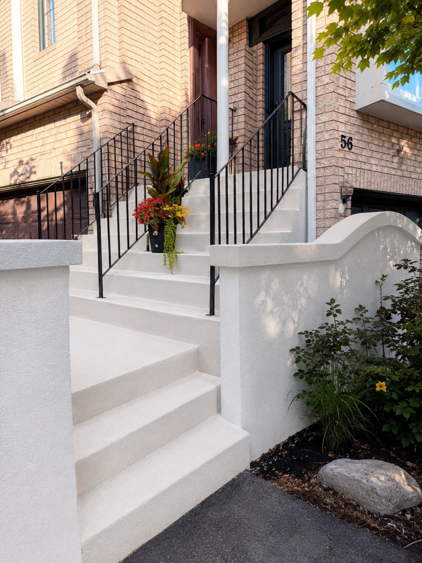 Concrete porch steps and black iron railings after a fresh parge finish on a Toronto home