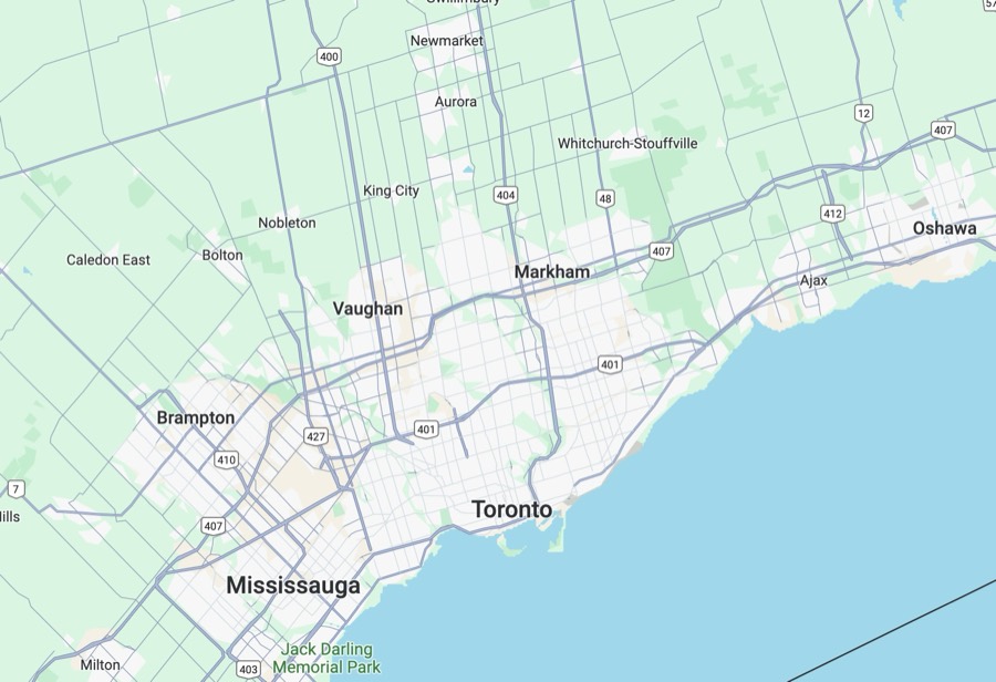 Map of the Greater Toronto Area service region for Toronto Parging